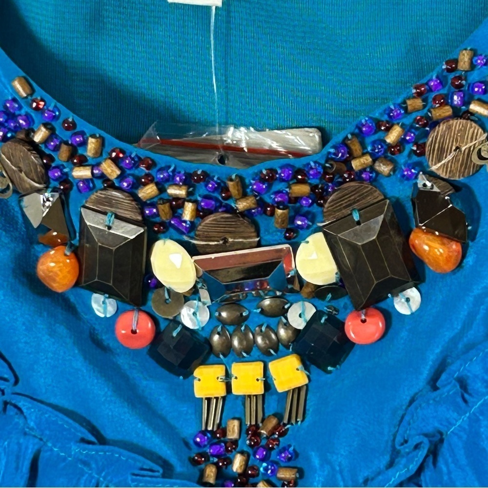 Moulinette Soeurs Women’s Jewel-Beaded Halter Blue Silk Maxi Dress Size 6 - Picture 4 of 16